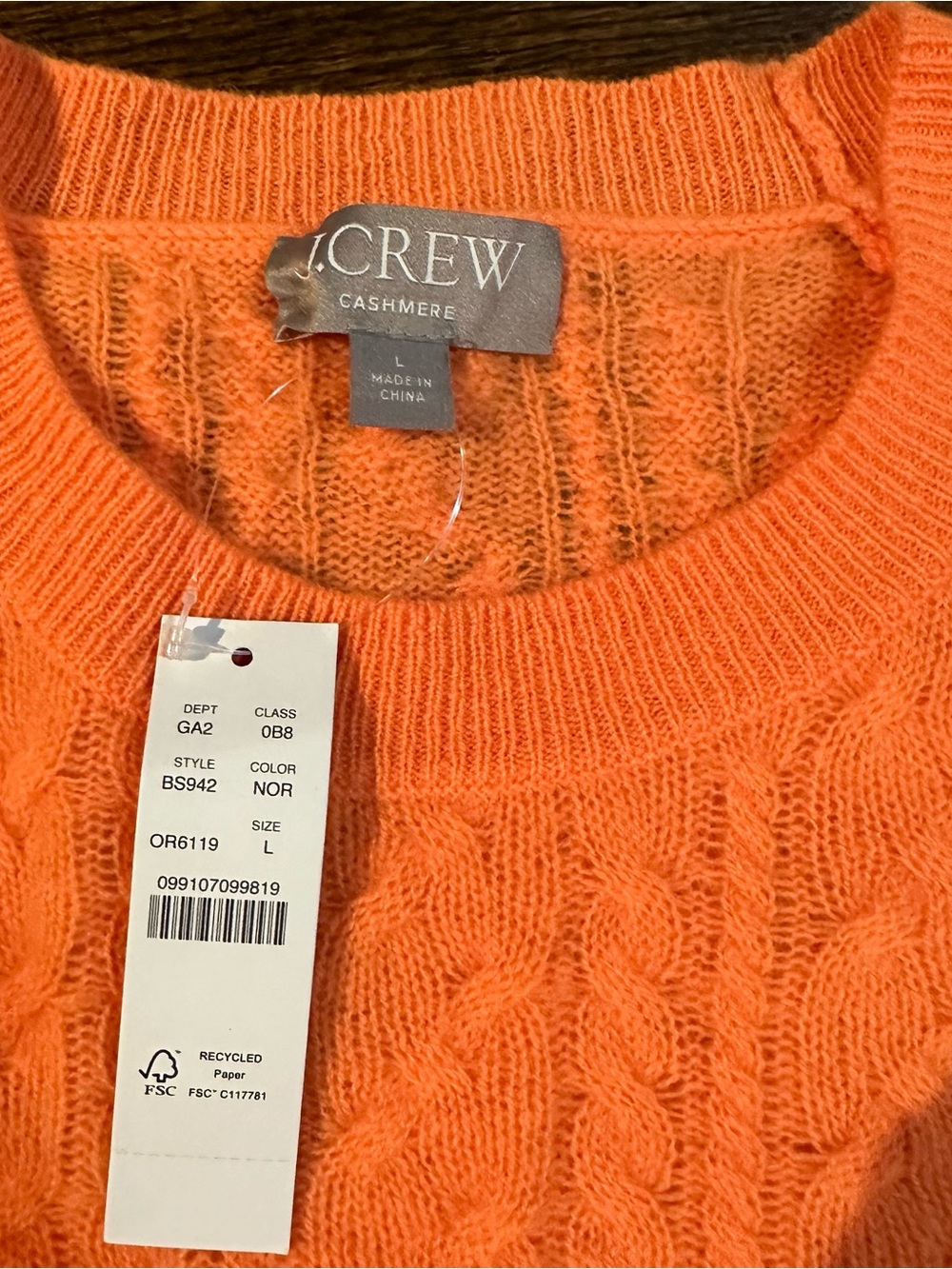 NEW J Crew Cashmere Orange Cable Knit Crewneck Sweater, Large